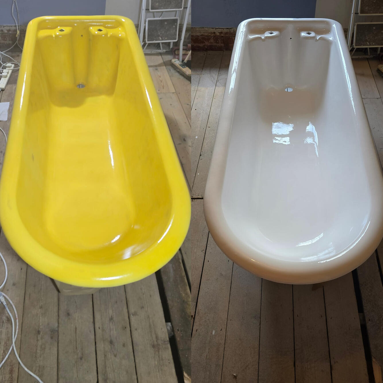 BEFORE AND AFTER PHOTOS OF A CAST IRON ROLL TOP BATH RE-ENAMELLED IN Cardiff