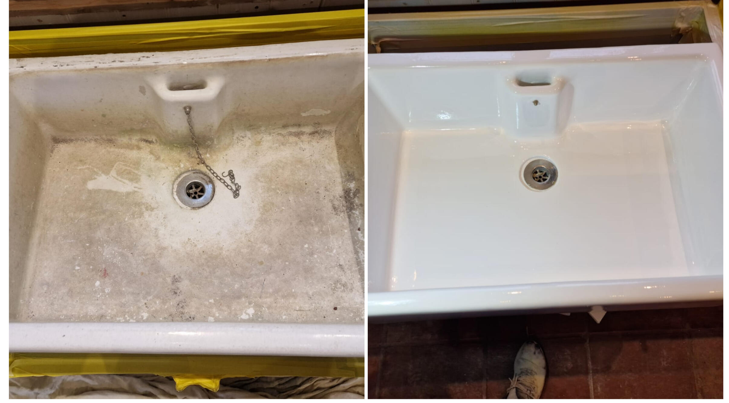 BEFORE AND AFTER PHOTOS OF A KITCHEN CERAMIC BELFAST SINK, WAS DAMAGED AND FULL OF CHIPS, FULLY RESORED TO A LIKE NEW FINISH IN Cardiff