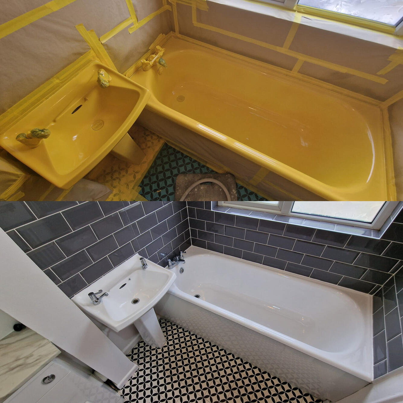 BEFORE AND AFTER PHOTOS OF A CERAMIC SINK AND A STEEL BATH, BOTH RE-ENAMELLED IN A WHITE GLOSS ENAMEL