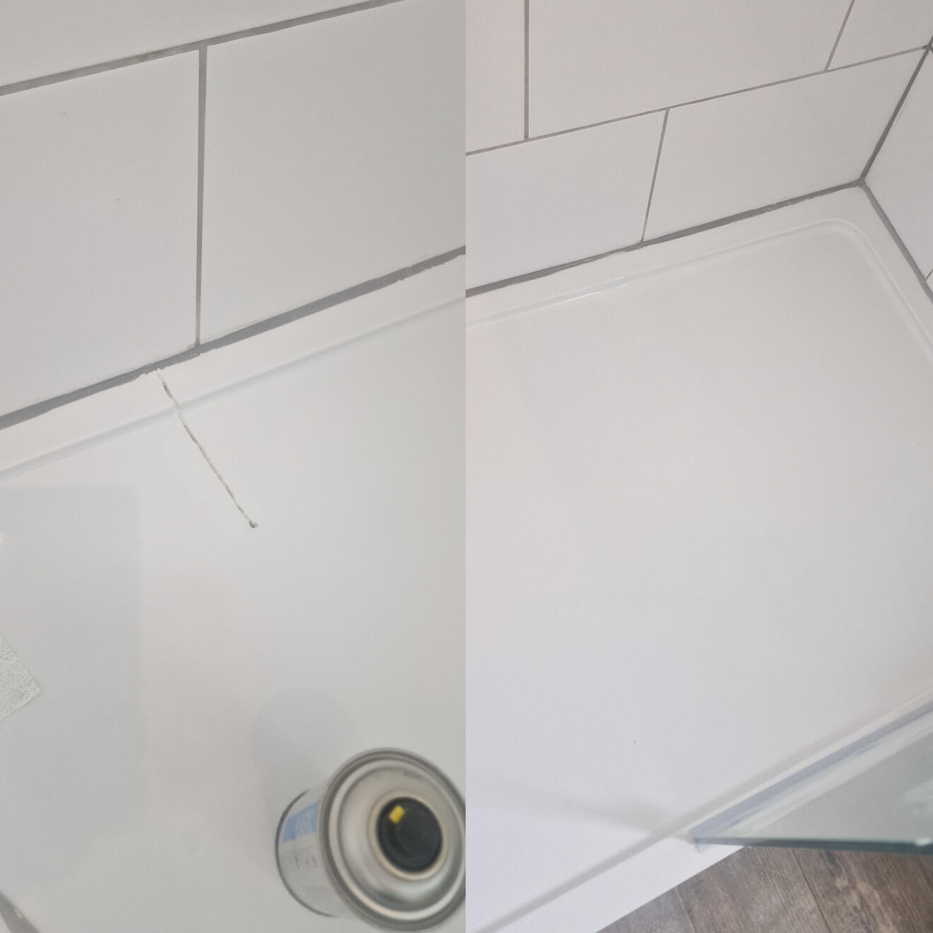Shower tray crack repair before and after pictures of a stone resin acrylic shower tray crack repair in CARDIFF