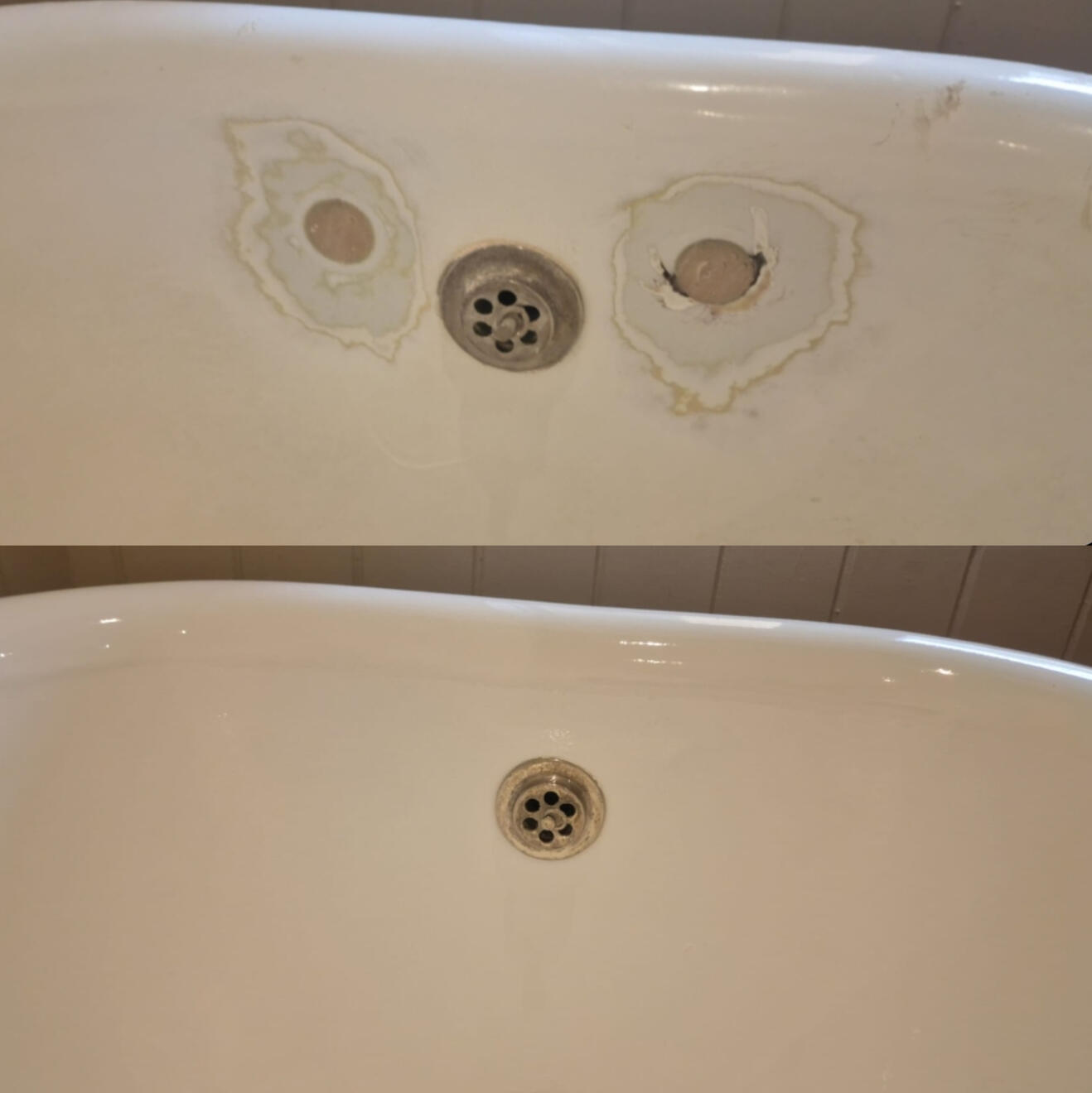BEFORE AND AFTER PICTURES OF A CAST IRON BATH TAP HOLES FILLED AND REPAIRED IN CENTER OF CARDIFF