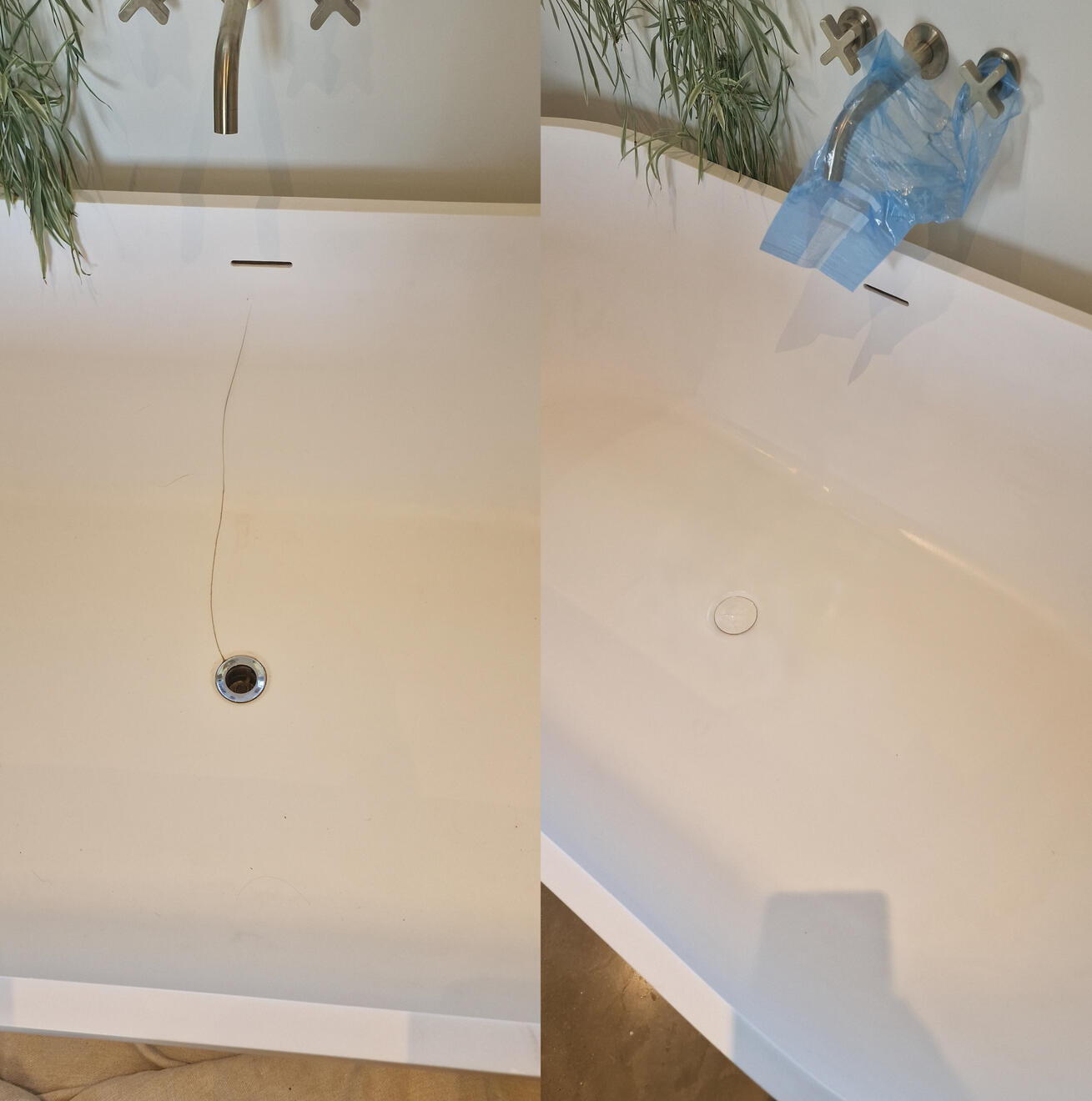 before and after pictures of a stone resin acrylic bath crack repair in Cardiff home