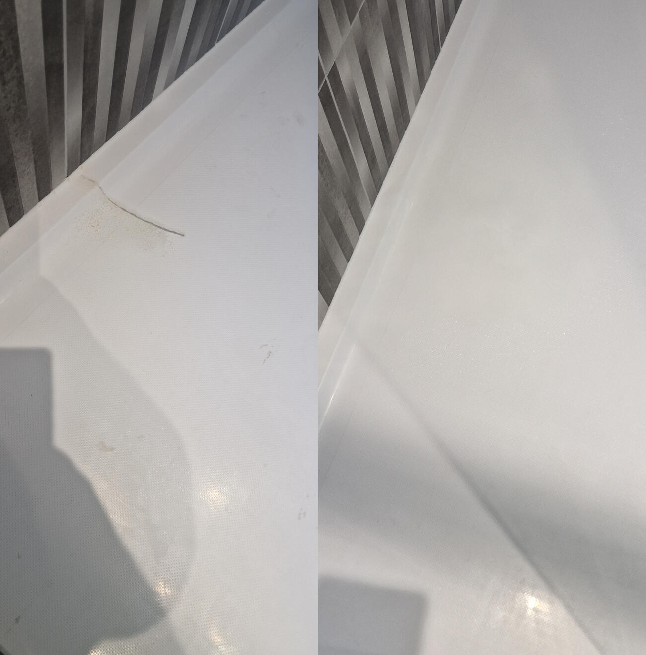 before and after pictures of a stone resin acrylic shower tray crack repair in Cardiff