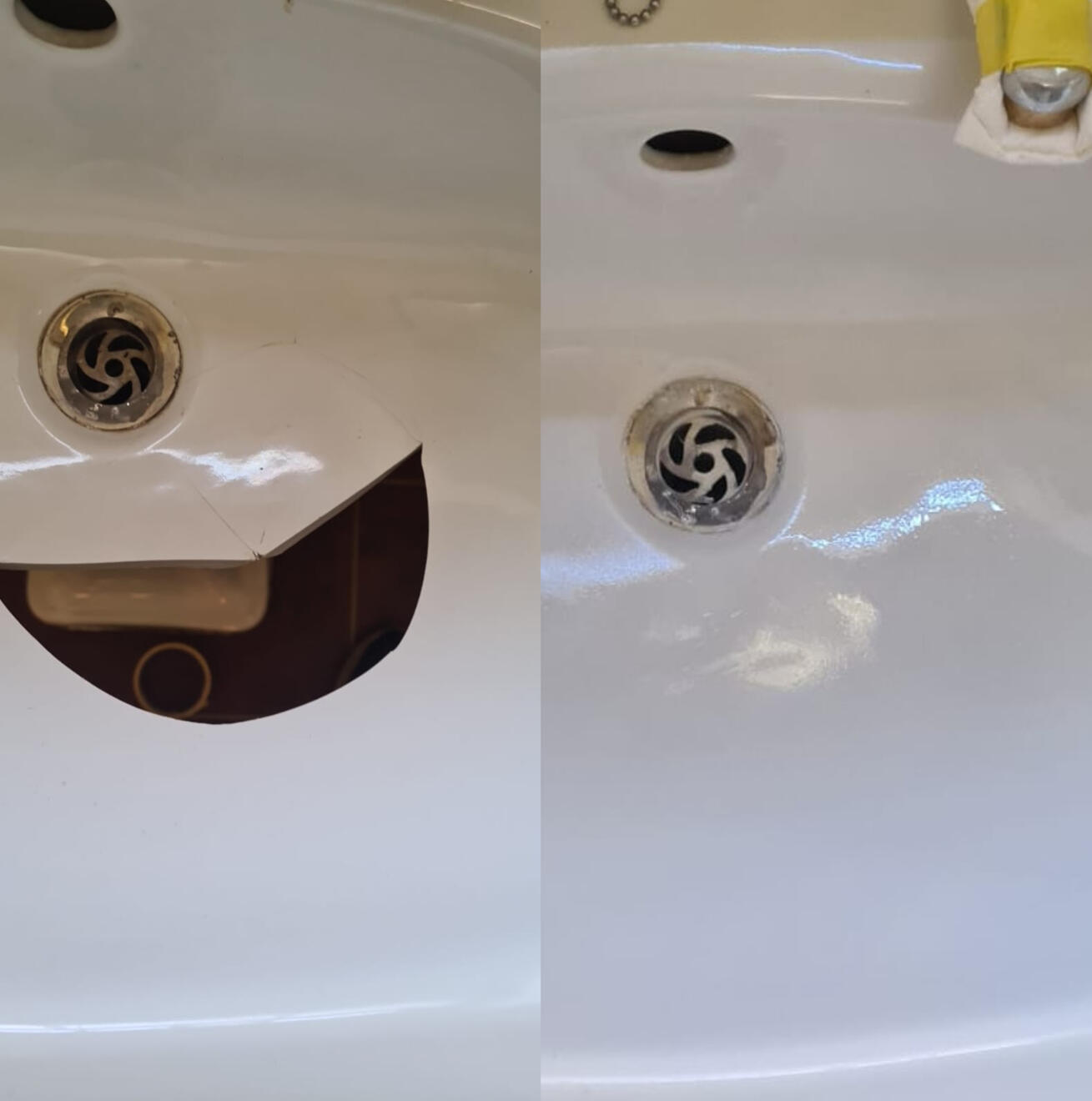 before and after pictures of a ceramic sink crack repair in cardiff