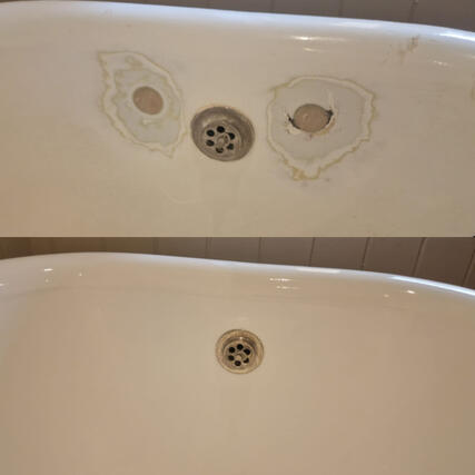 Cast iron tap holes filled in colour matched. Completed in Cardiff