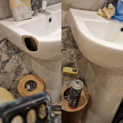 Massive hole on a ceramic sink. Big crack. Now looks invisible because of glossy baths re-enamelling & Repair technique