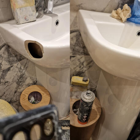 Massive hole on a ceramic sink. Big crack. Now looks invisible because of glossy baths re-enamelling & Repair technique